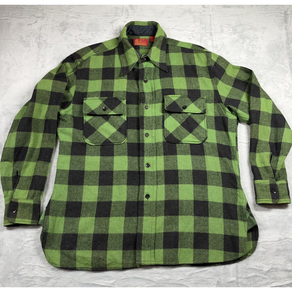Vintage Sears Kings Road Wool Shirt Men's L 16-16.5 Green Buffalo Plaid Korea